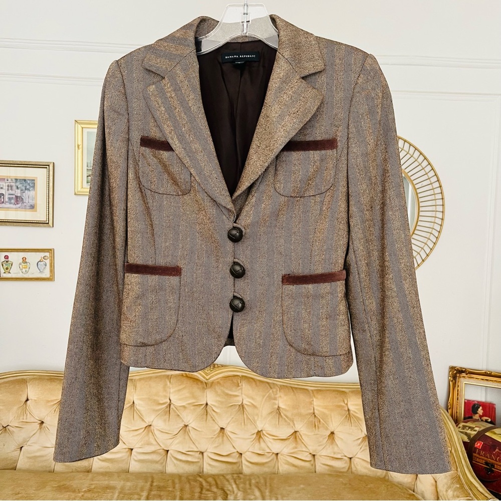 NEW Banana Republic Y2K Vintage Herringbone Wool Blend Elbow Patch Blazer Sz 0